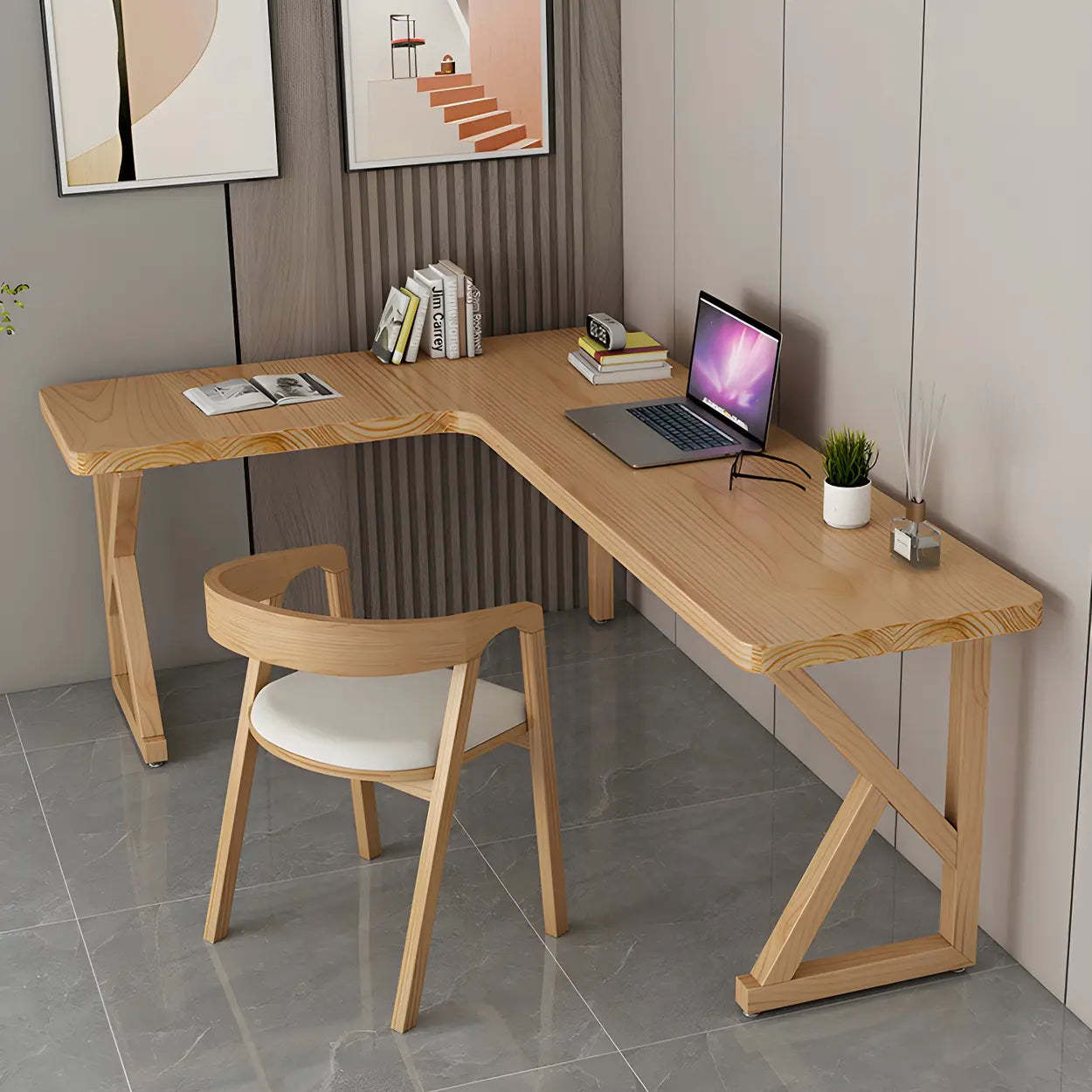 Natural Pine Light Wood L-Shape Writing Desk — Left Hand Return / Table Only