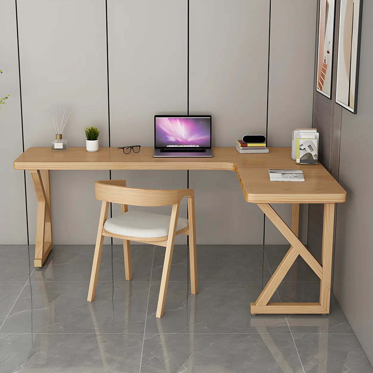 Natural Pine Light Wood L-Shape Writing Desk — Right Hand Return / Table Only