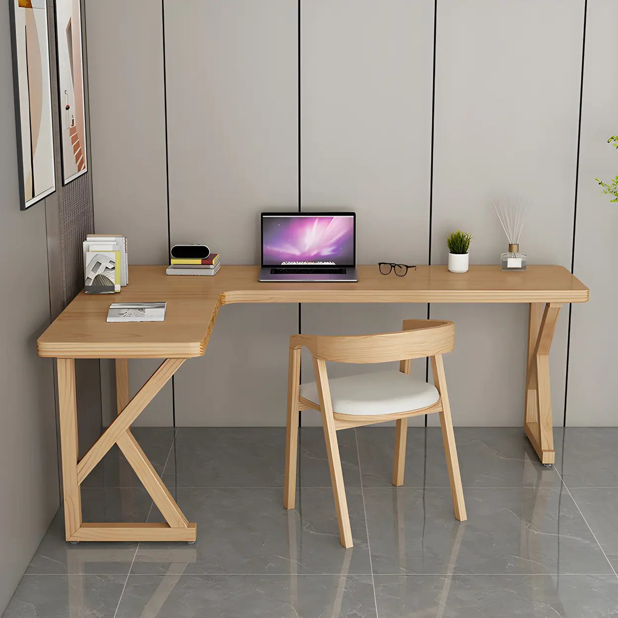 Natural Pine Light Wood L-Shape Writing Desk — Right Hand Return / Table Only