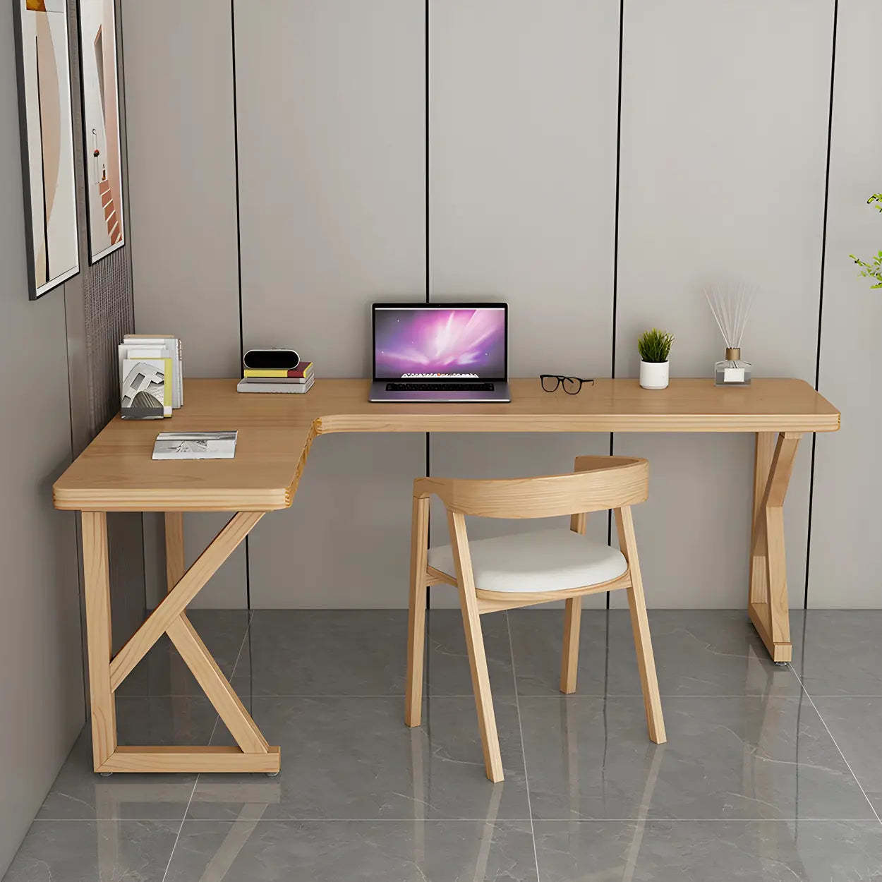 Natural Pine Light Wood L-Shape Writing Desk — Right Hand Return / Table Only