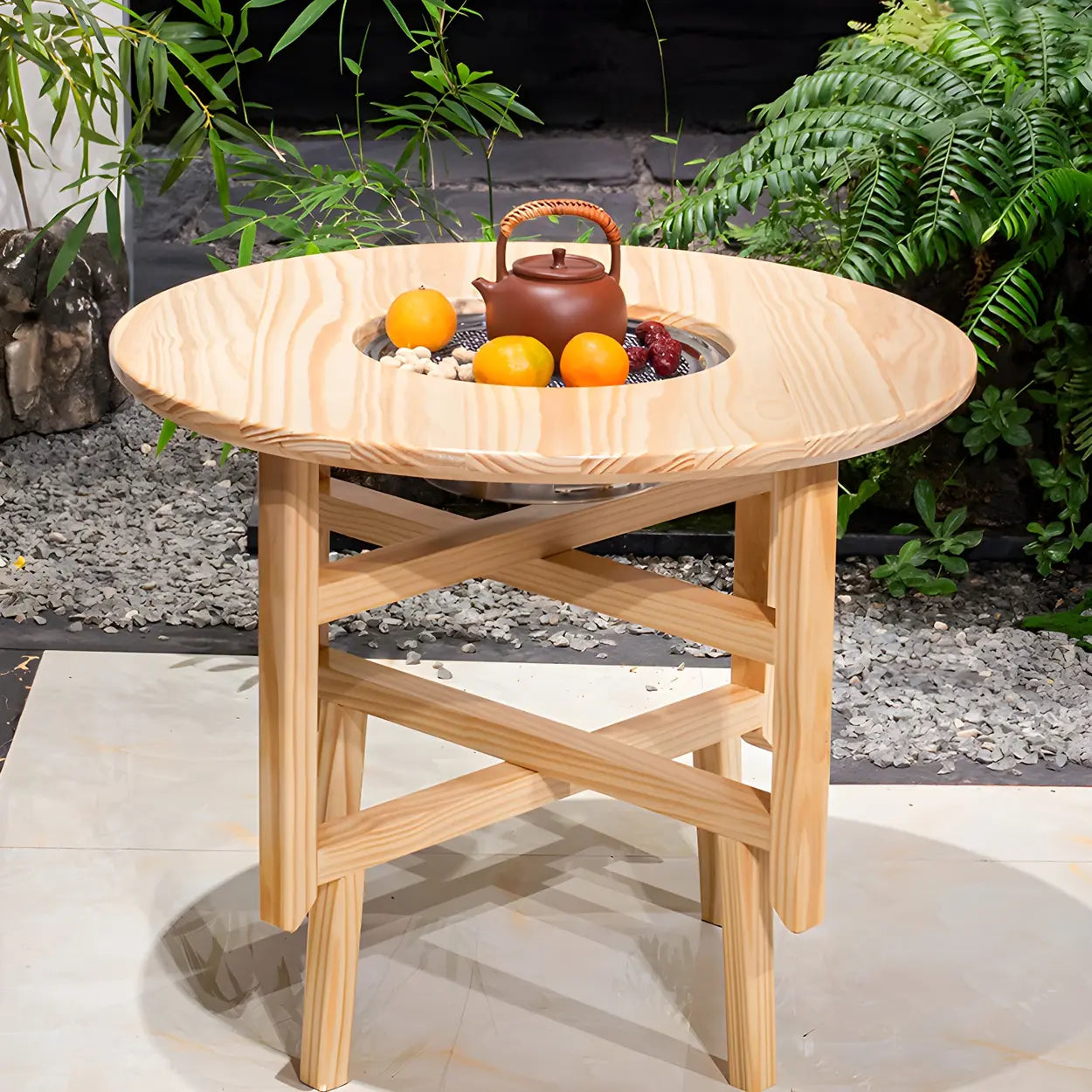Natural Pine Wood Round Outdoor Coffee Table