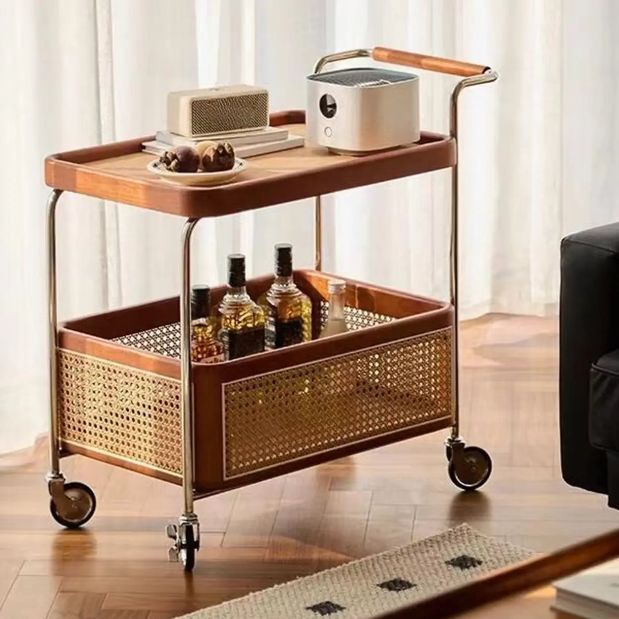 Natural Wood Portable Rectangular Bar Cart Side Table — Black