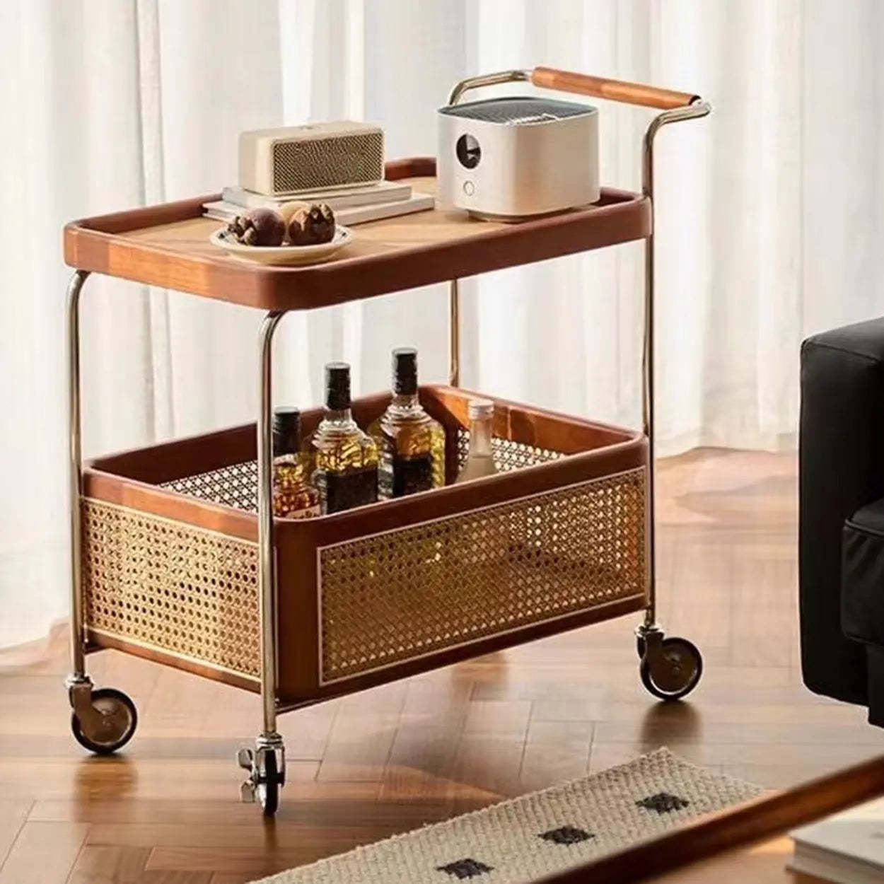 Natural Wood Portable Rectangular Bar Cart Side Table — Black