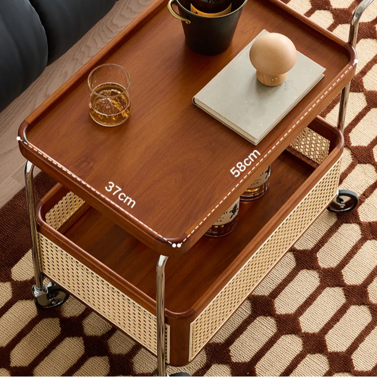 Natural Wood Portable Rectangular Bar Cart Side Table