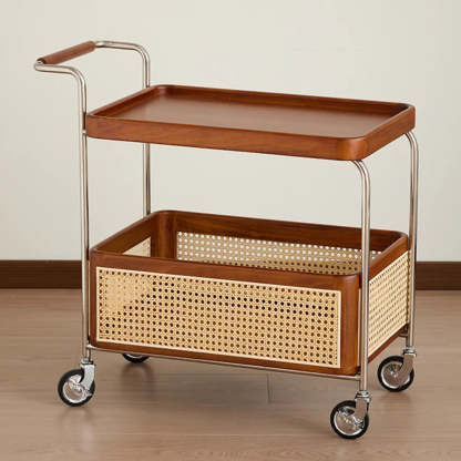 Natural Wood Portable Rectangular Bar Cart Side Table