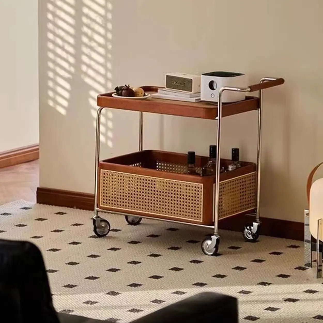 Natural Wood Portable Rectangular Bar Cart Side Table