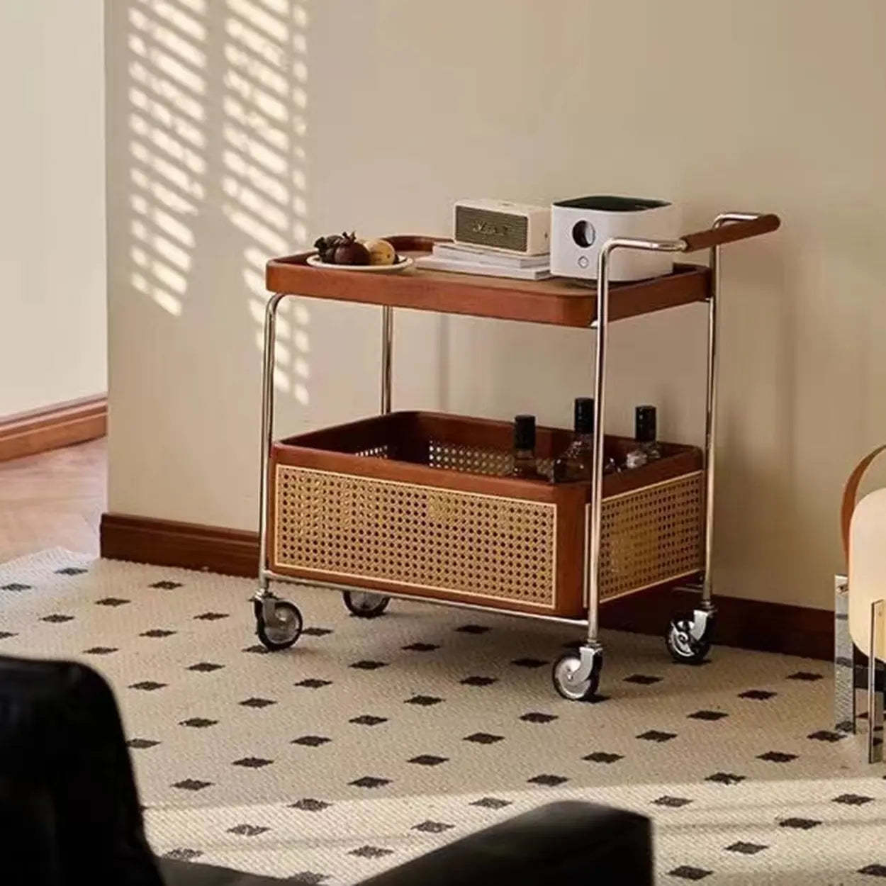 Natural Wood Portable Rectangular Bar Cart Side Table