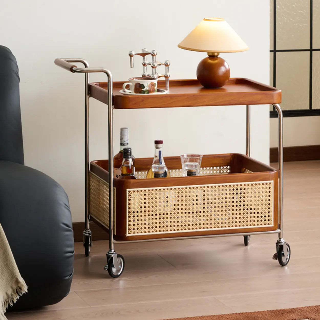 Natural Wood Portable Rectangular Bar Cart Side Table