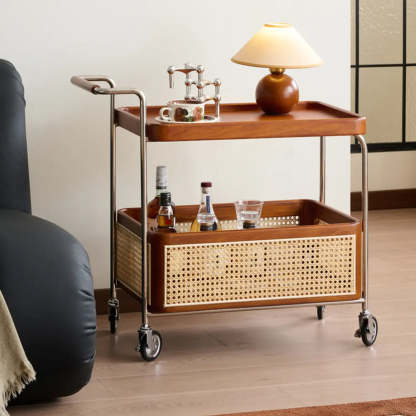 Natural Wood Portable Rectangular Bar Cart Side Table