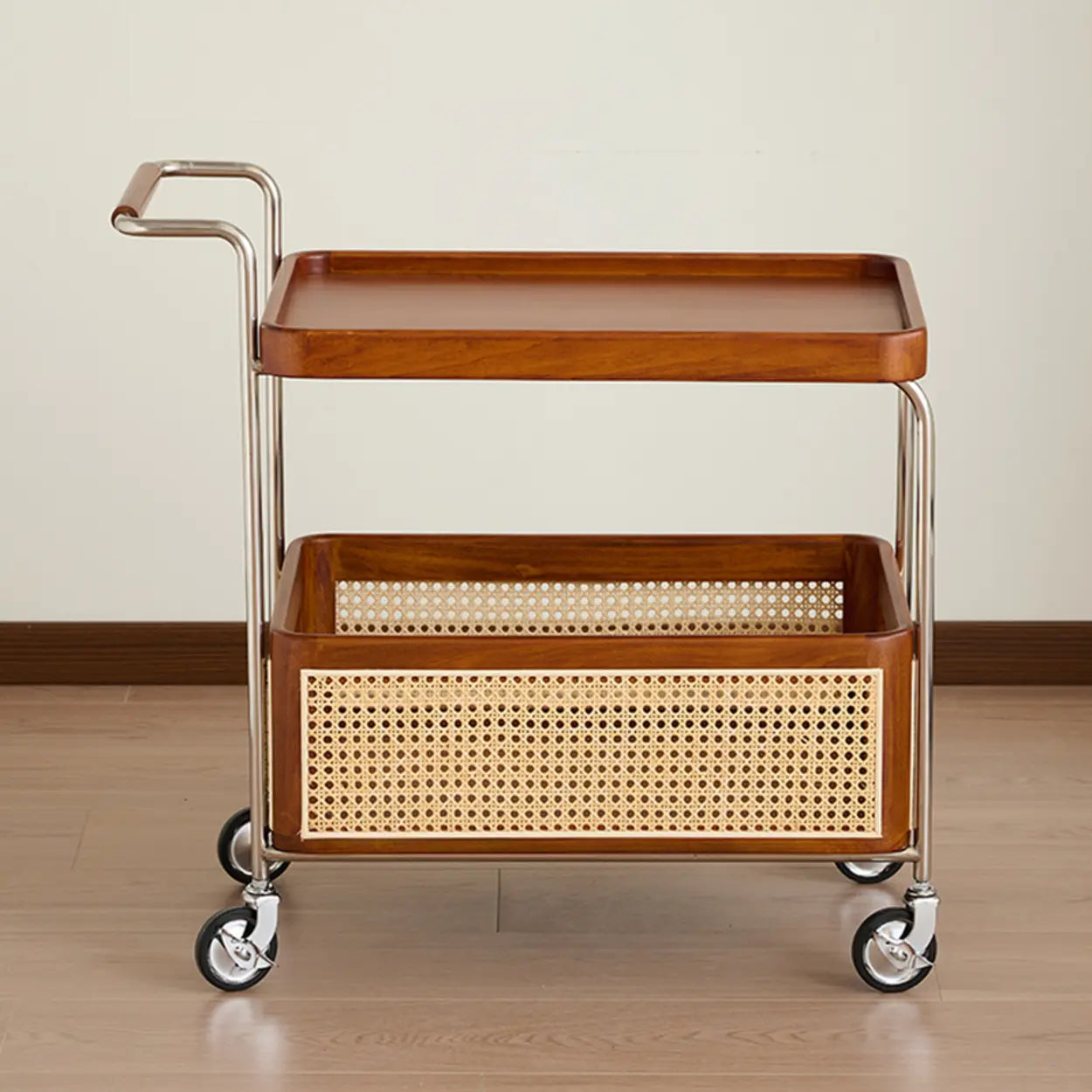 Natural Wood Portable Rectangular Bar Cart Side Table