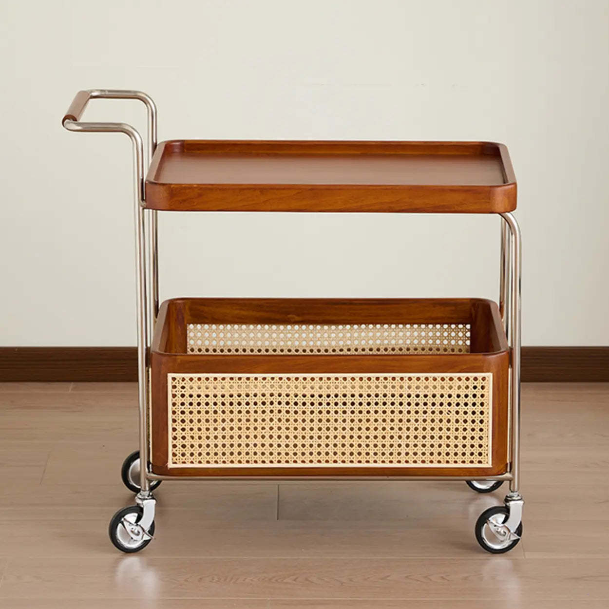 Natural Wood Portable Rectangular Bar Cart Side Table