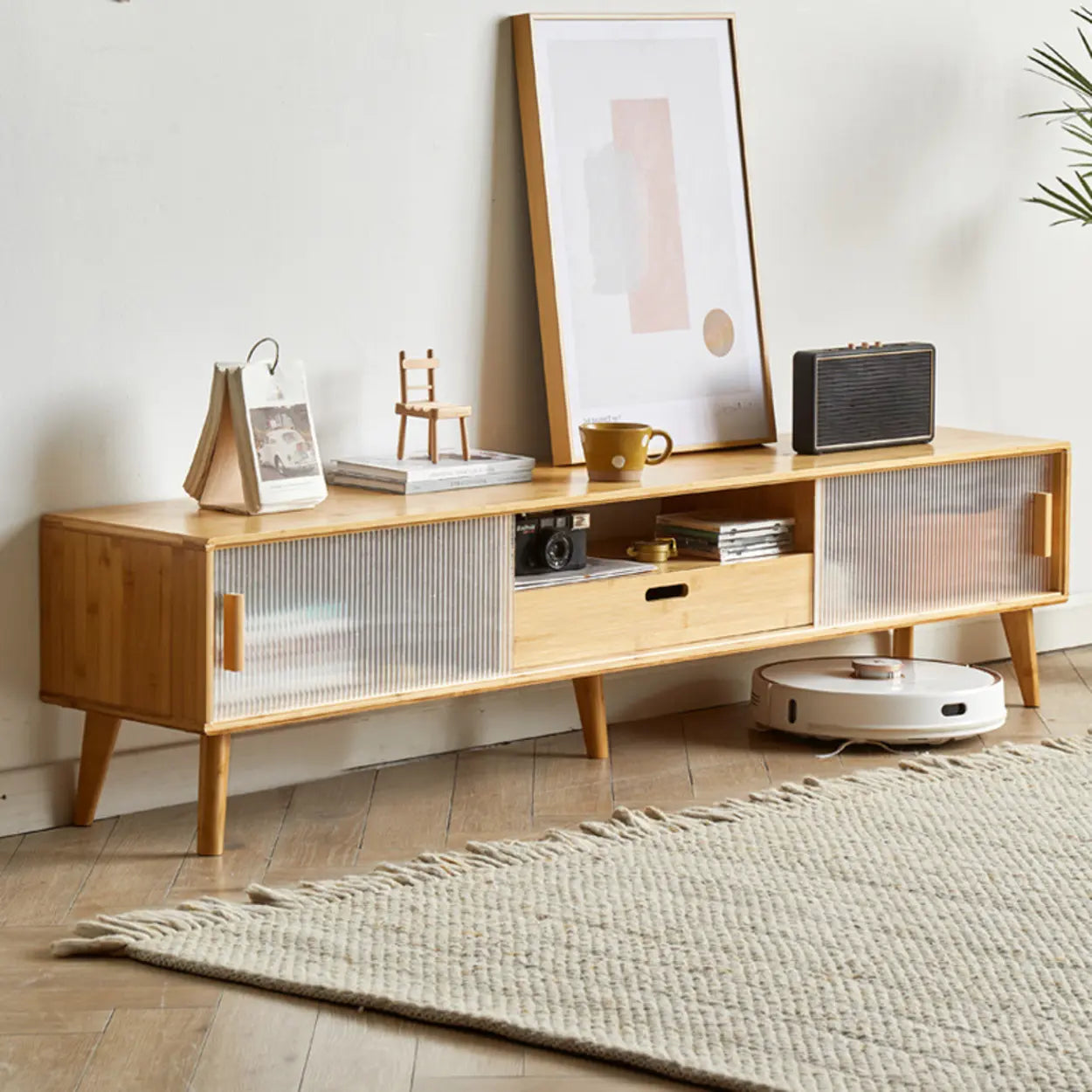 Natural Wood Rectangle Open Storage TV Stand — 1