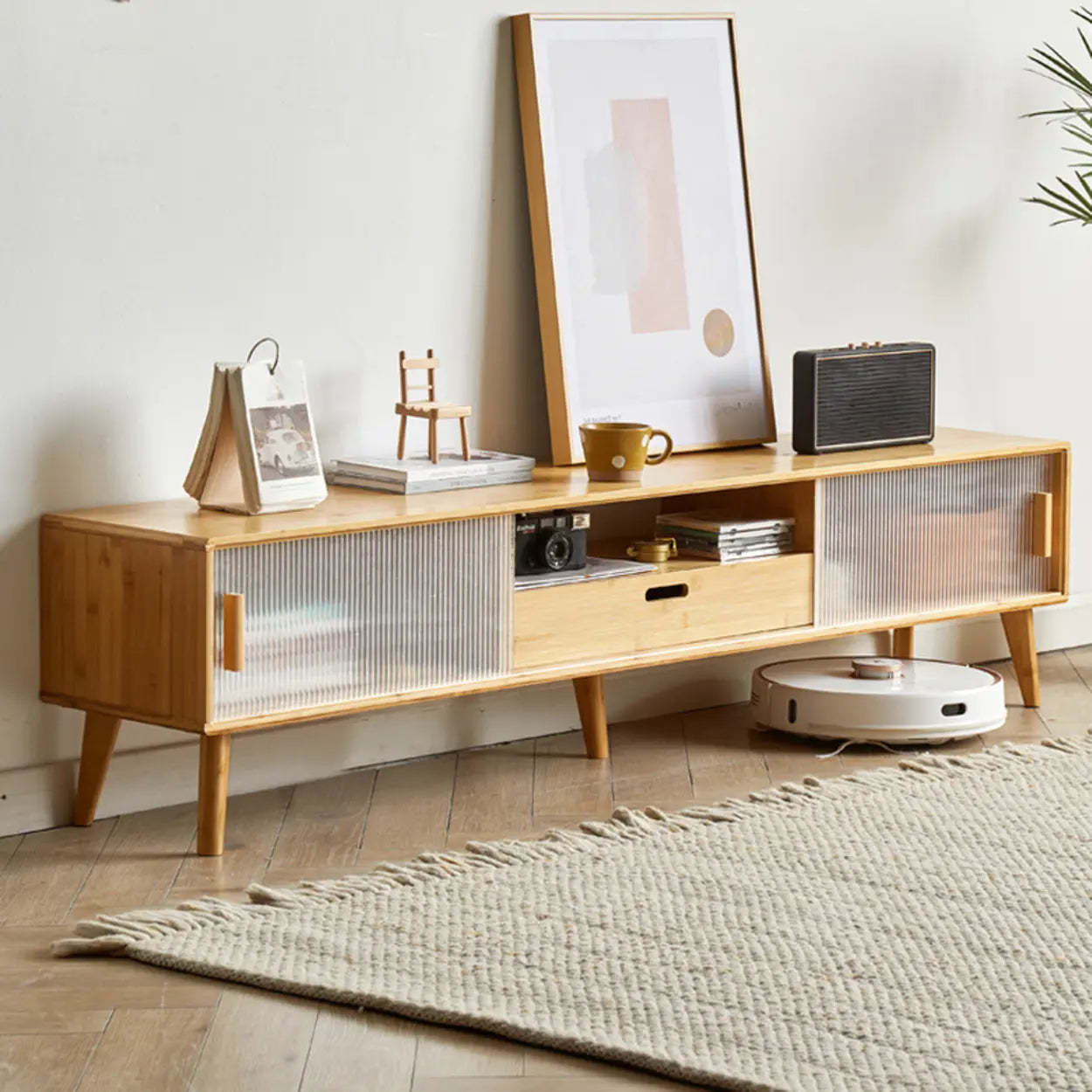 Natural Wood Rectangle Open Storage TV Stand — 1
