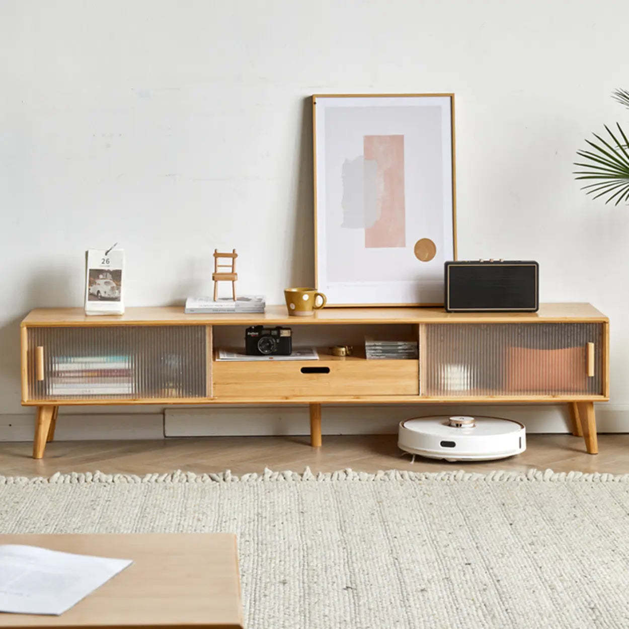 Natural Wood Rectangle Open Storage TV Stand — 1
