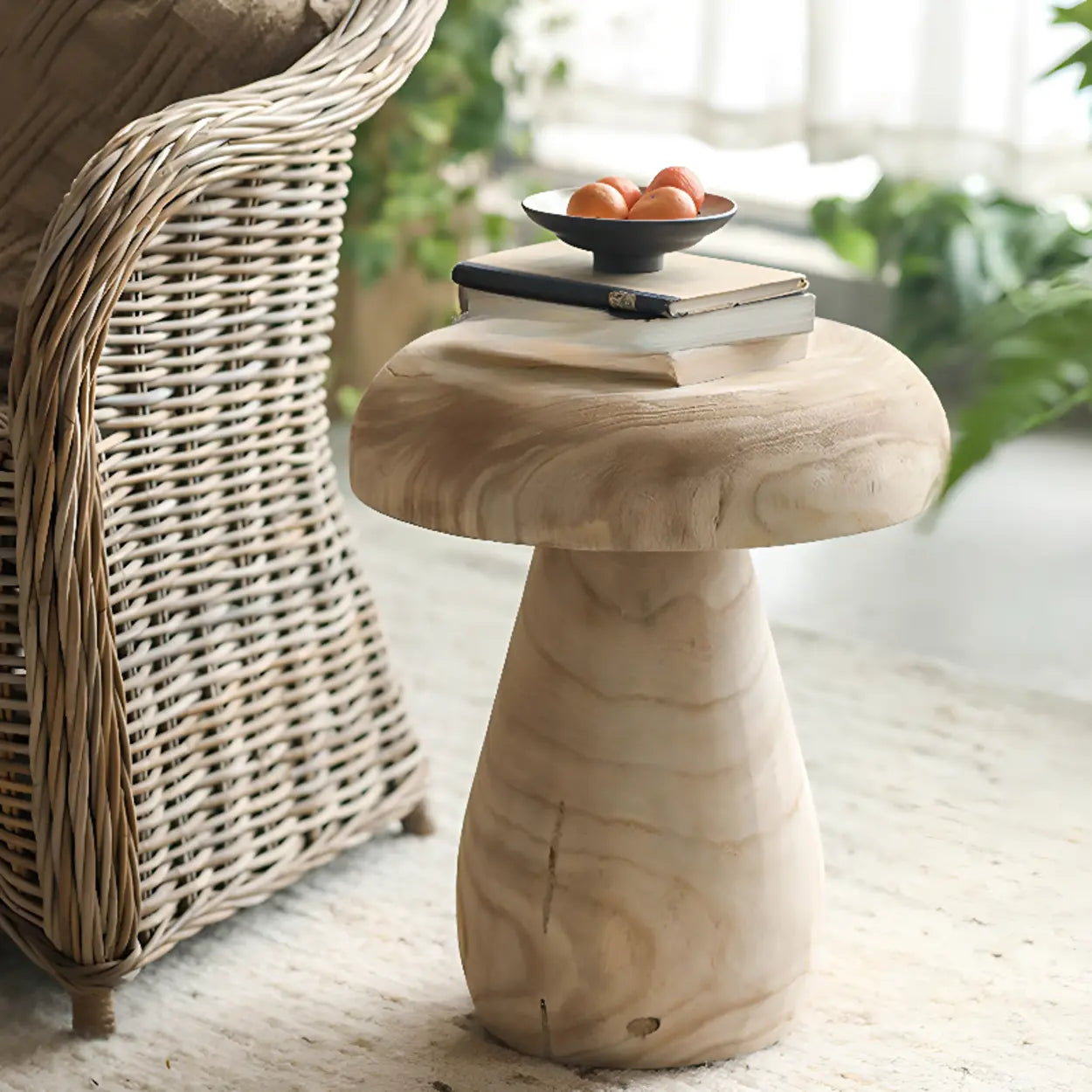 Natural Round Pedestal Wood Mushroom End Table