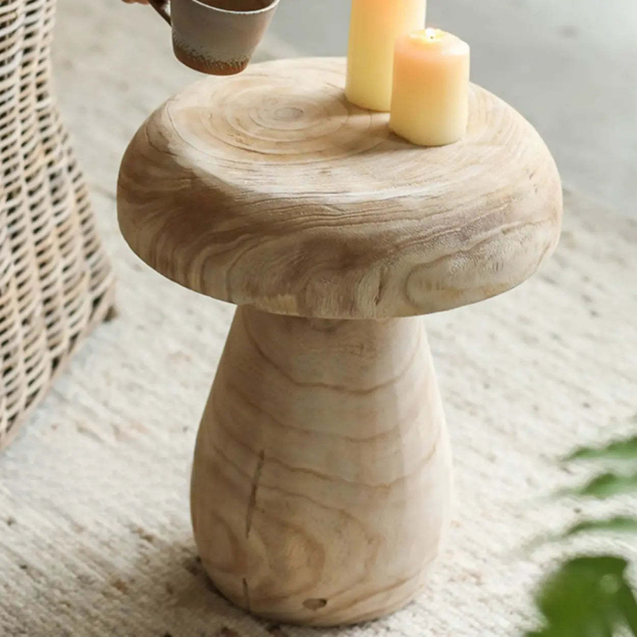 Natural Round Pedestal Wood Mushroom End Table