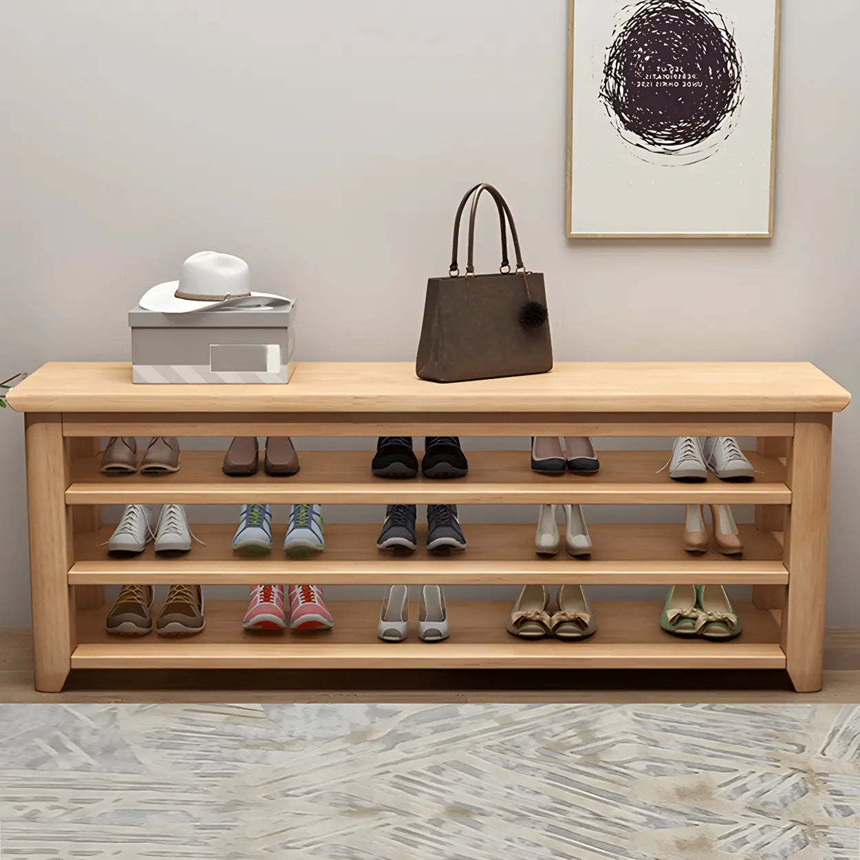 Rubberwood Entryway Bench with Shelves — Natural Finish