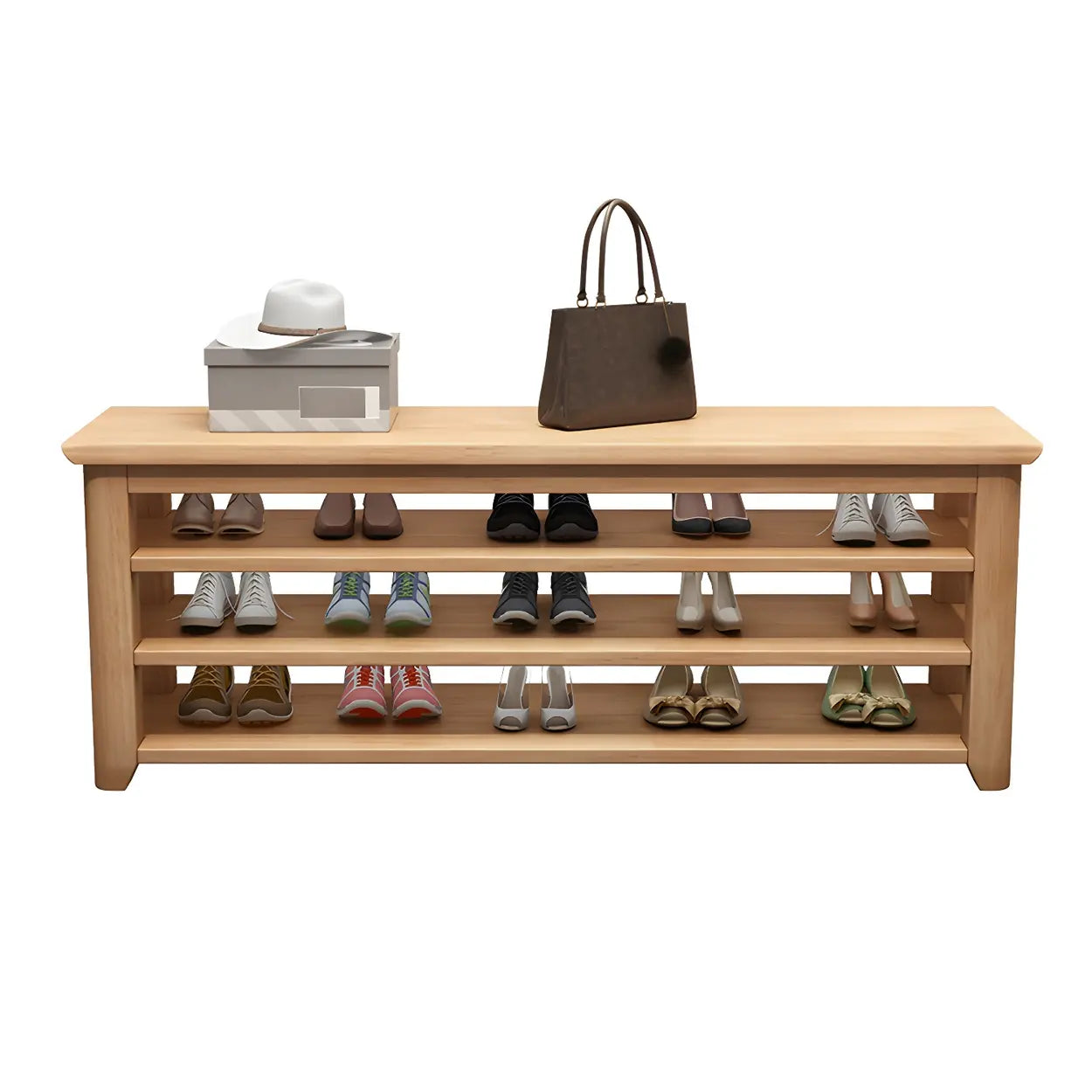 Modern rubberwood natural shoe benches, Lighom — 23.6"L x 13.8"W x 16.5"H