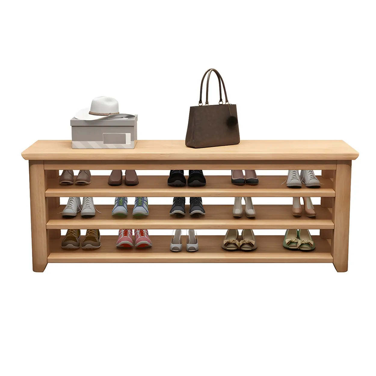 Modern rubberwood natural shoe benches, Lighom — 23.6"L x 13.8"W x 16.5"H