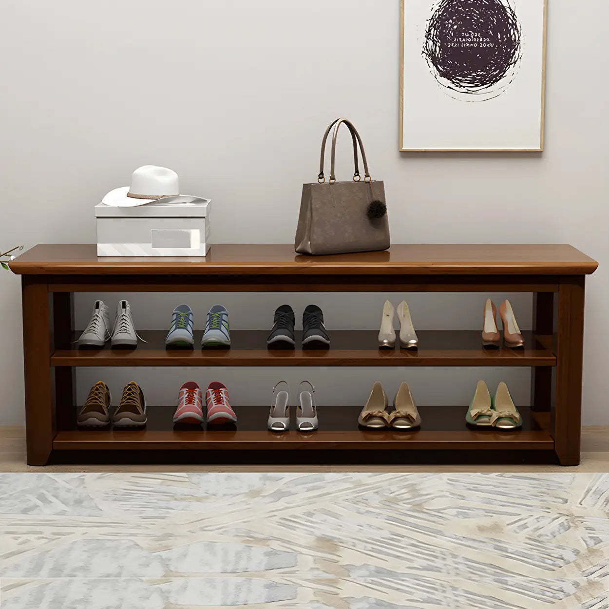 Modern rubberwood natural shoe benches — 23.6"L x 13.8"W x 16.5"H / Nut & Brown