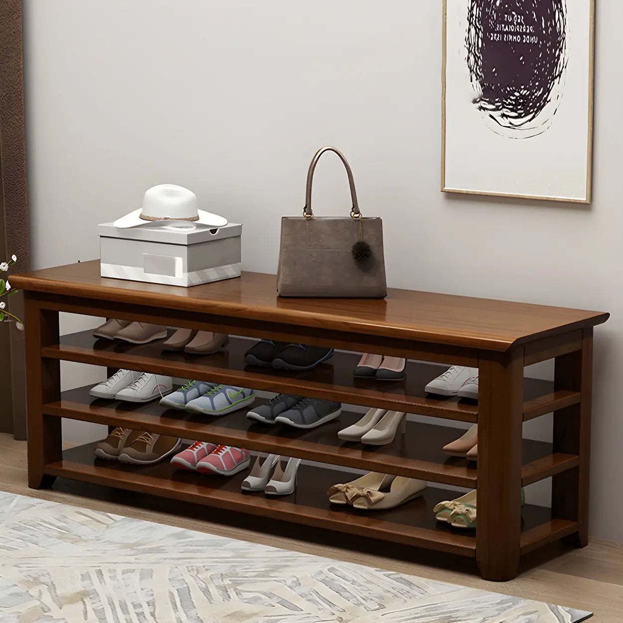 Lighom modern rubberwood natural shoe benches — 31"L x 13.8"W x 17"H / Nut & Brown