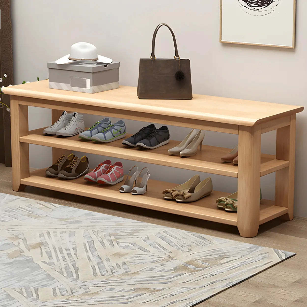 Natural modern rubberwood shoe benches — 31.5"L x 13.8"W x 21"H