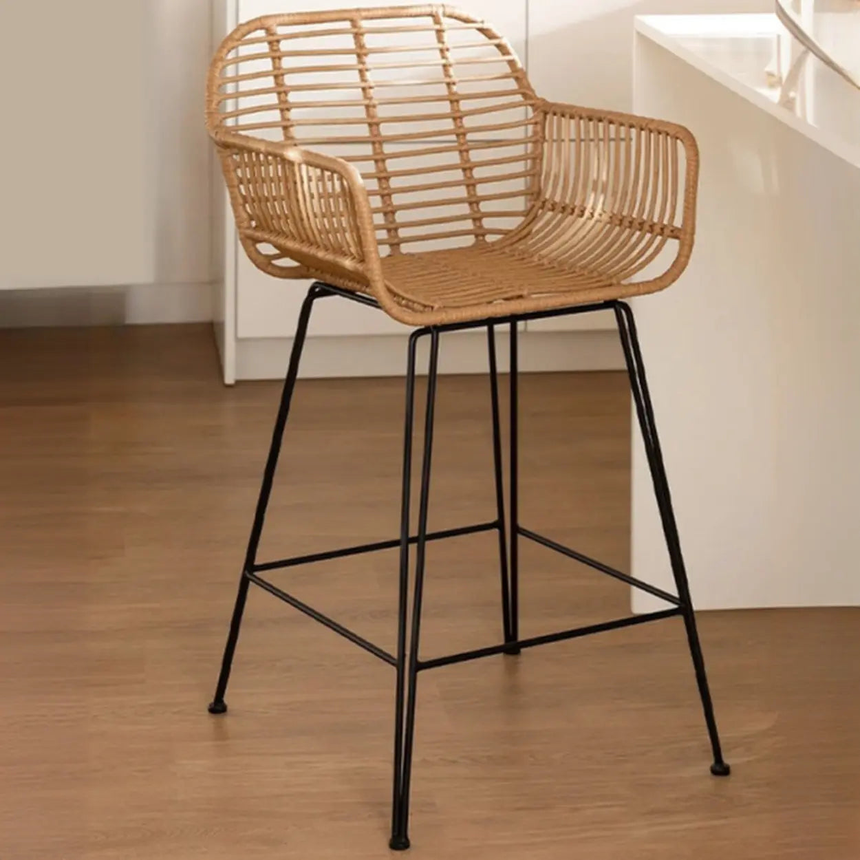 Natural Square Bar Stool with Metal Four Legs — Black