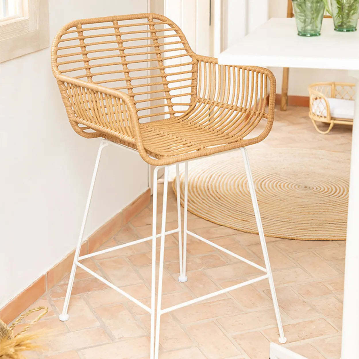 Natural Square Bar Stool with Metal Four Legs
