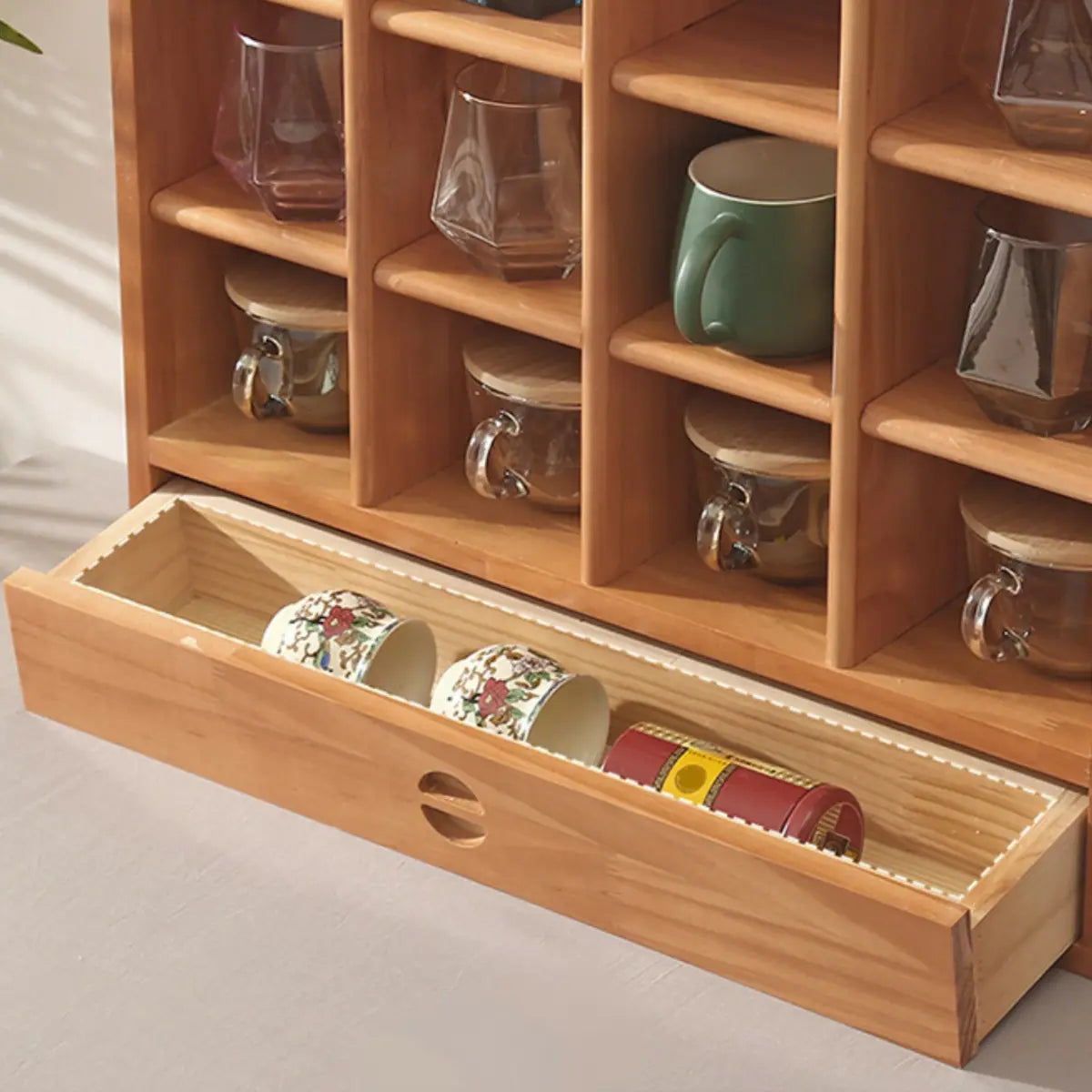 Natural Square Wood Open China Cabinet