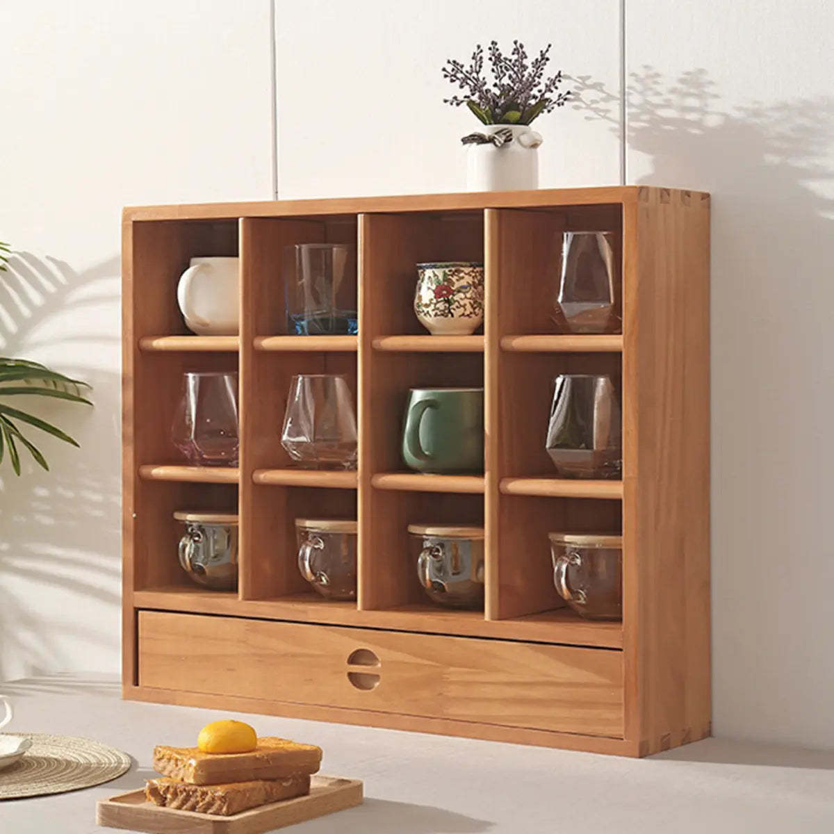 Natural Square Wood Open China Cabinet