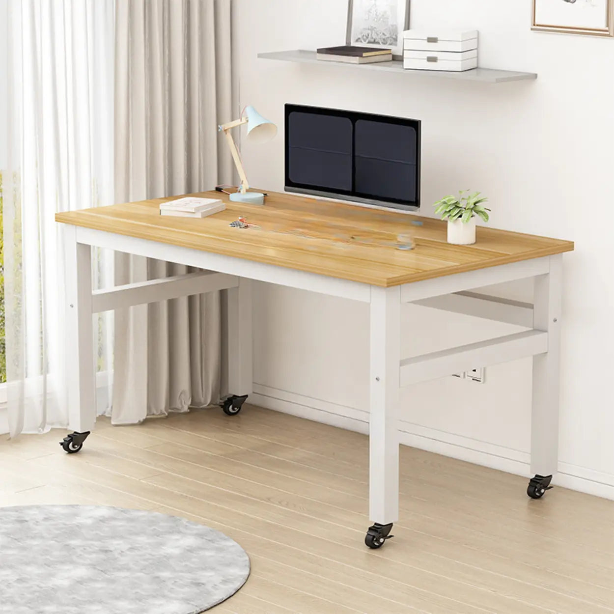 Natural Wood Computer Desk with Casters