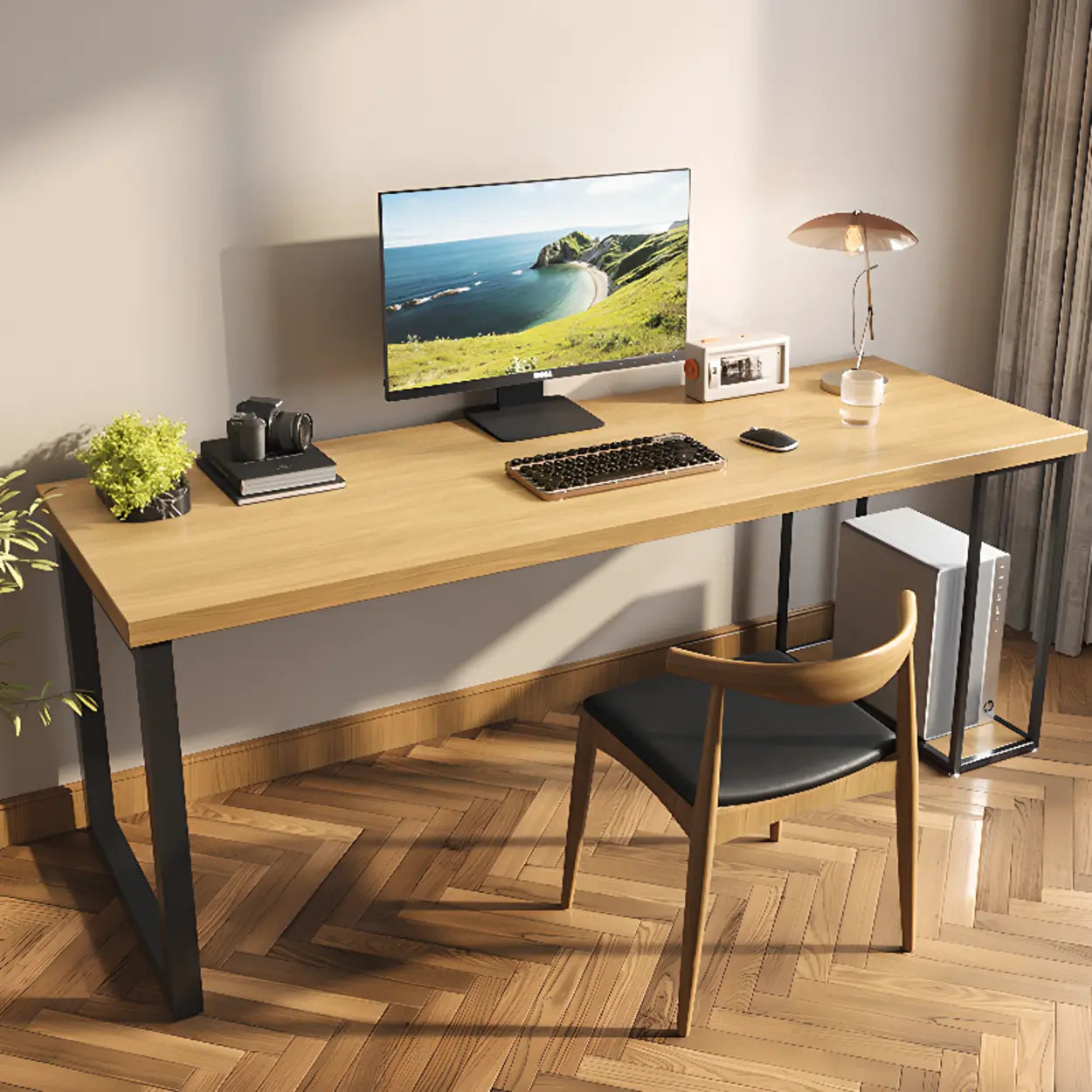 Natural Wood Computer Desk with Shelves — Walnut / Table Only