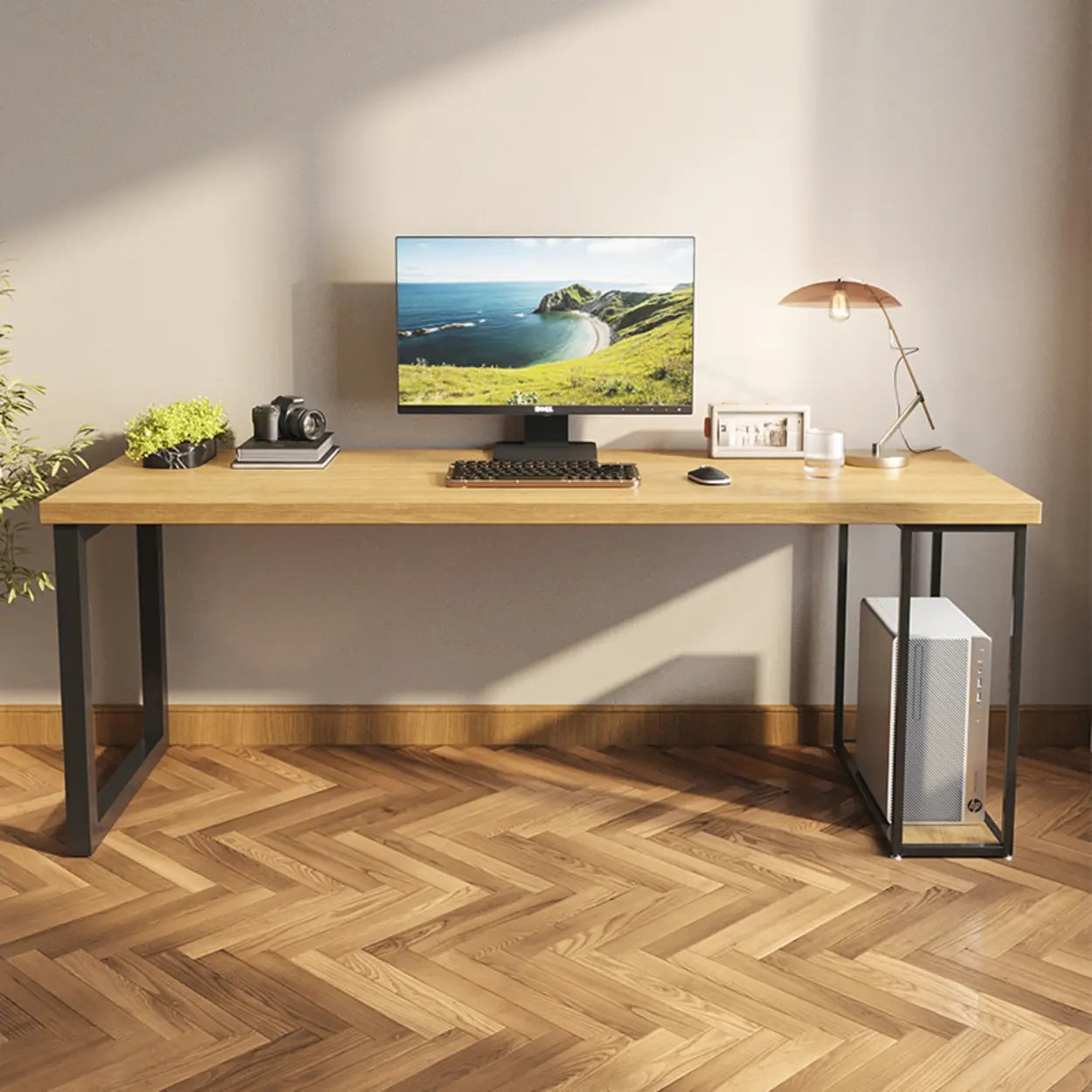 Natural Wood Computer Desk with Shelves — Natural / Table Only