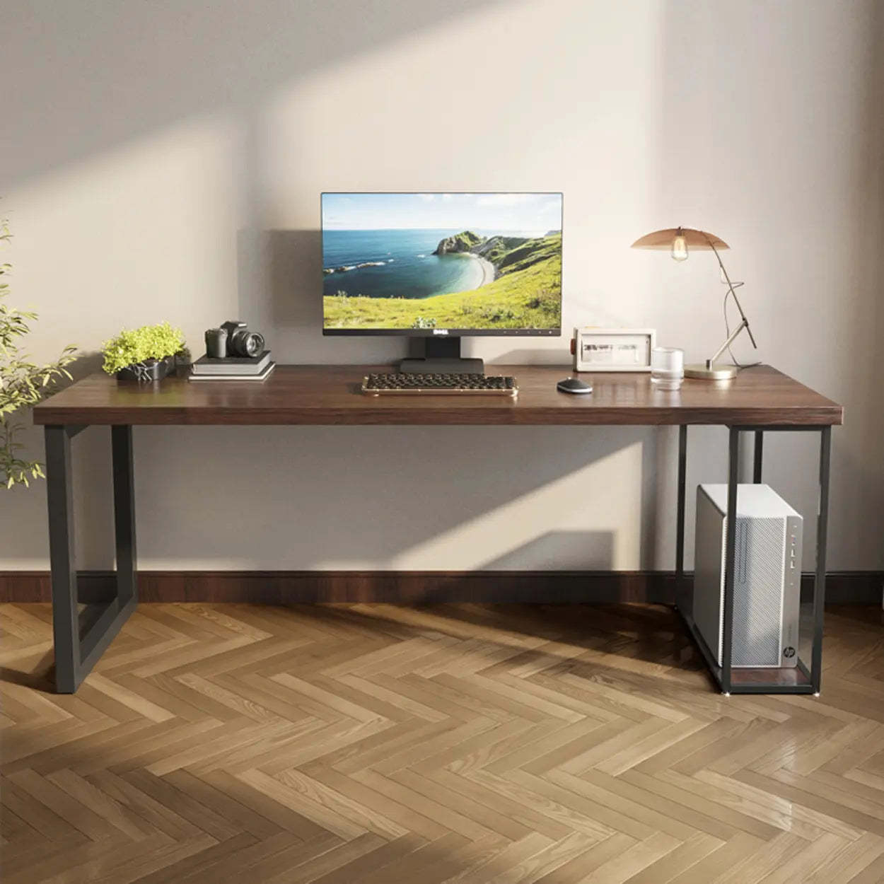 Natural Wood Computer Desk with Shelves — Walnut / Table Only