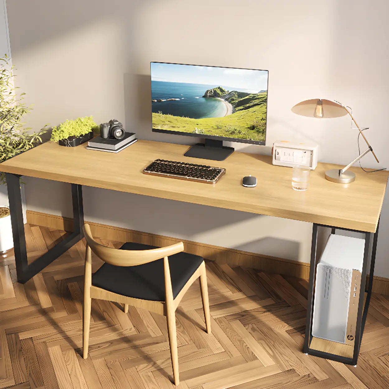 Natural Wood Computer Desk with Shelves — Natural / Table Only