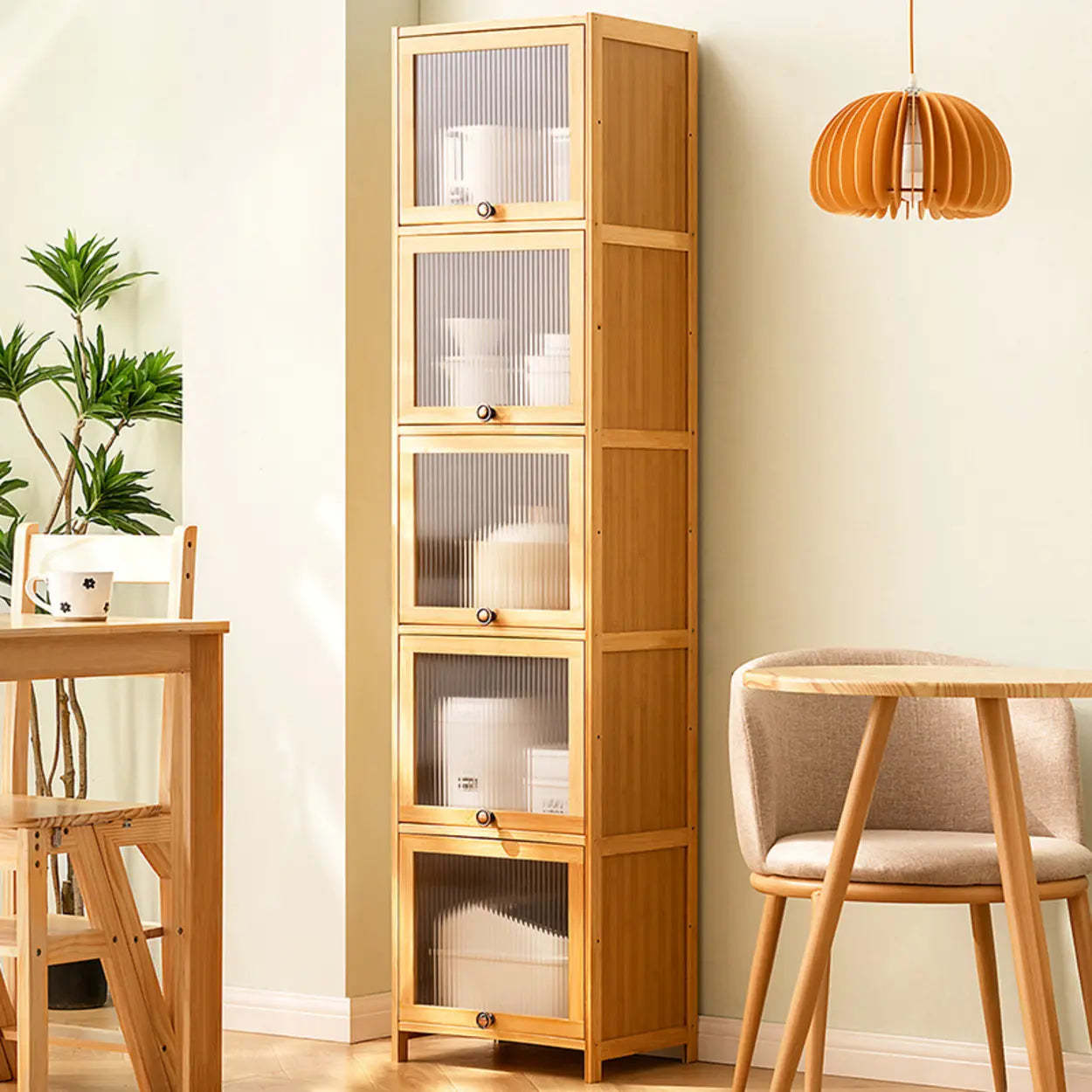 Natural Tall Glass Door Bamboo Display Cabinet — Transparent Glass