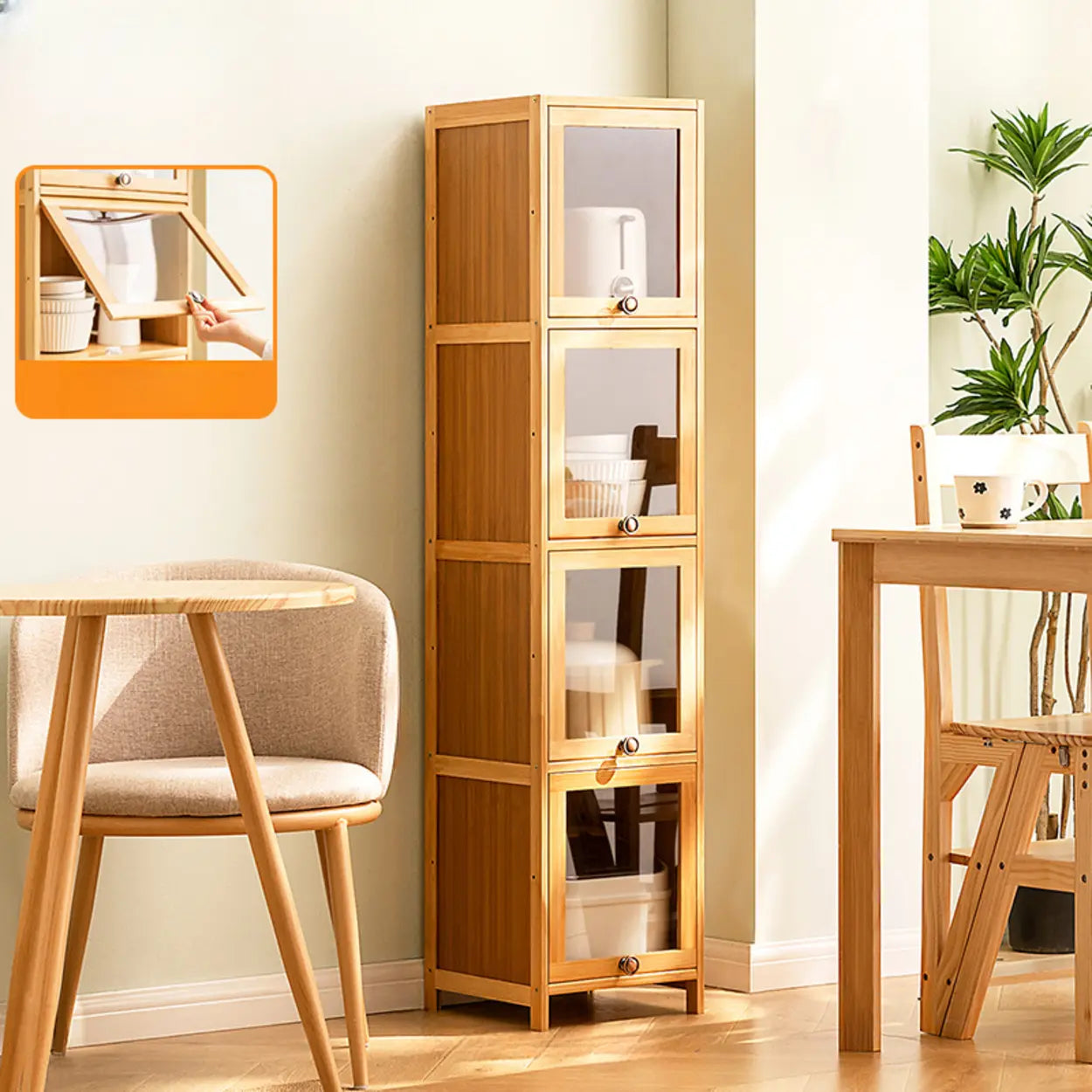 Natural Tall Glass Door Bamboo Display Cabinet — Transparent Glass