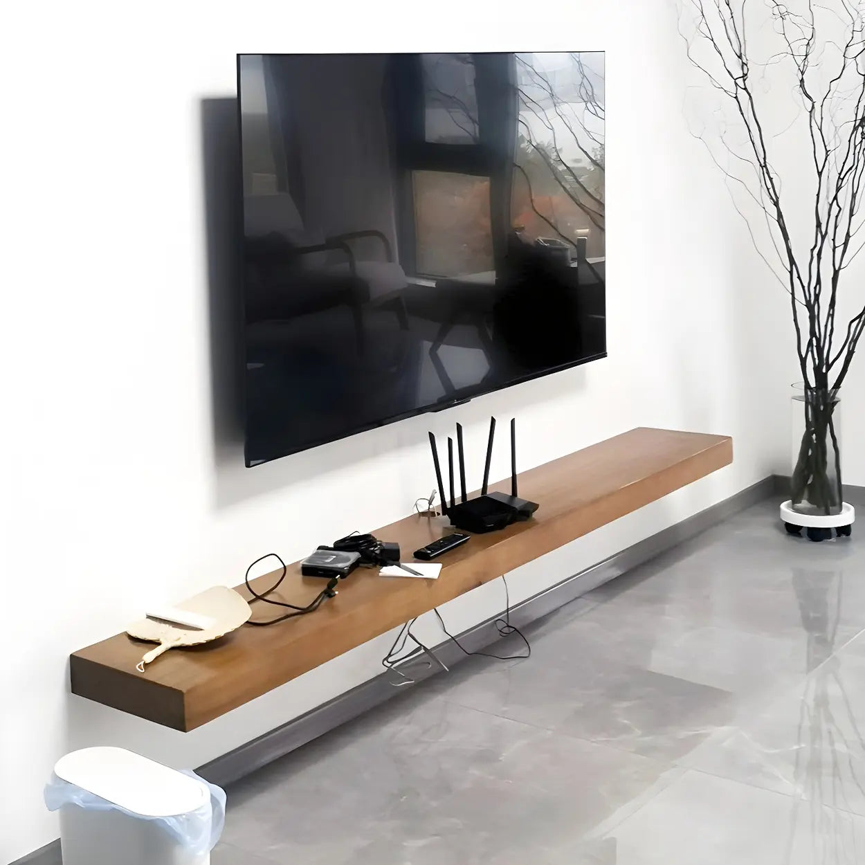 Natural Wall-Mount Wood Open-Storage TV Stand