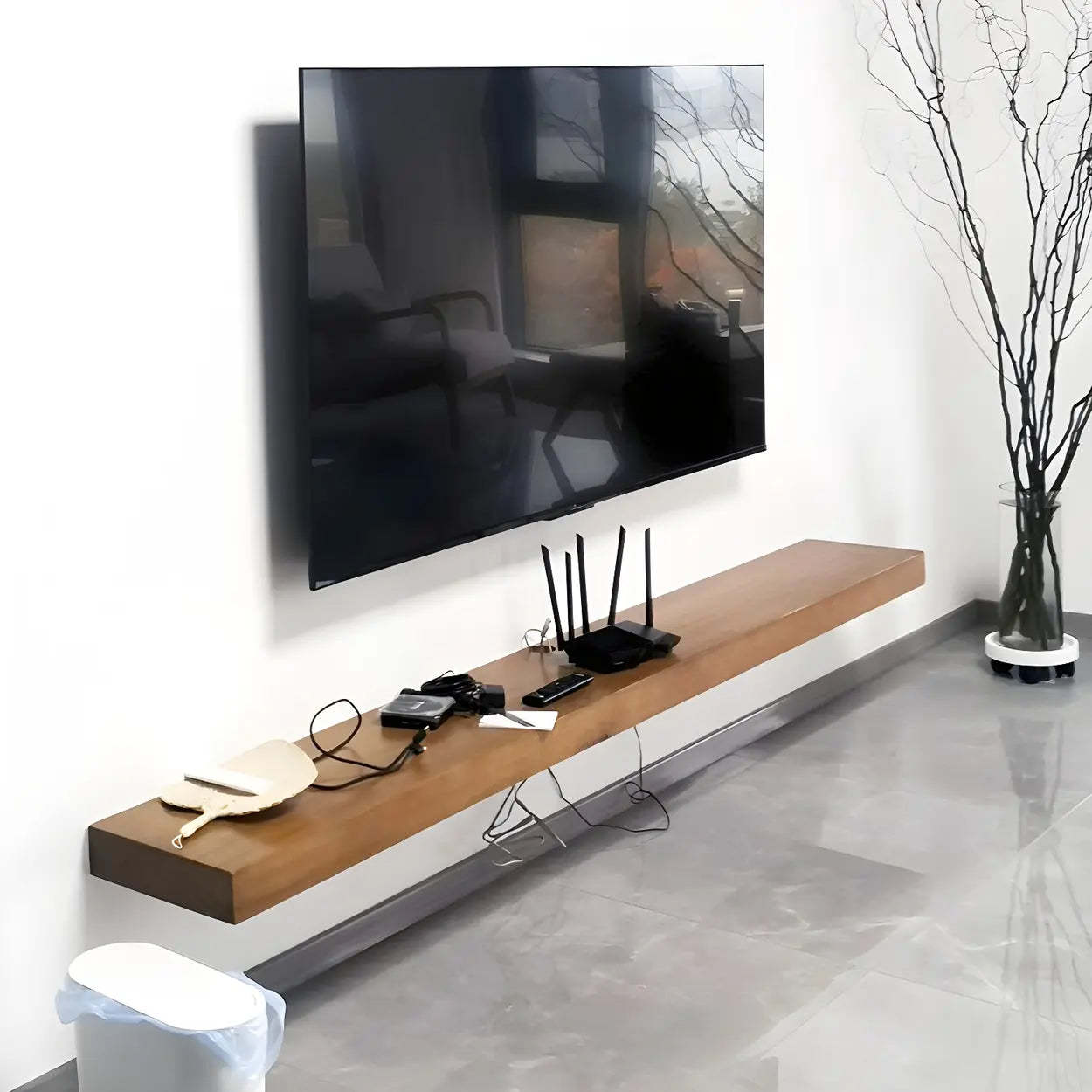 Natural Wall-Mount Wood Open-Storage TV Stand