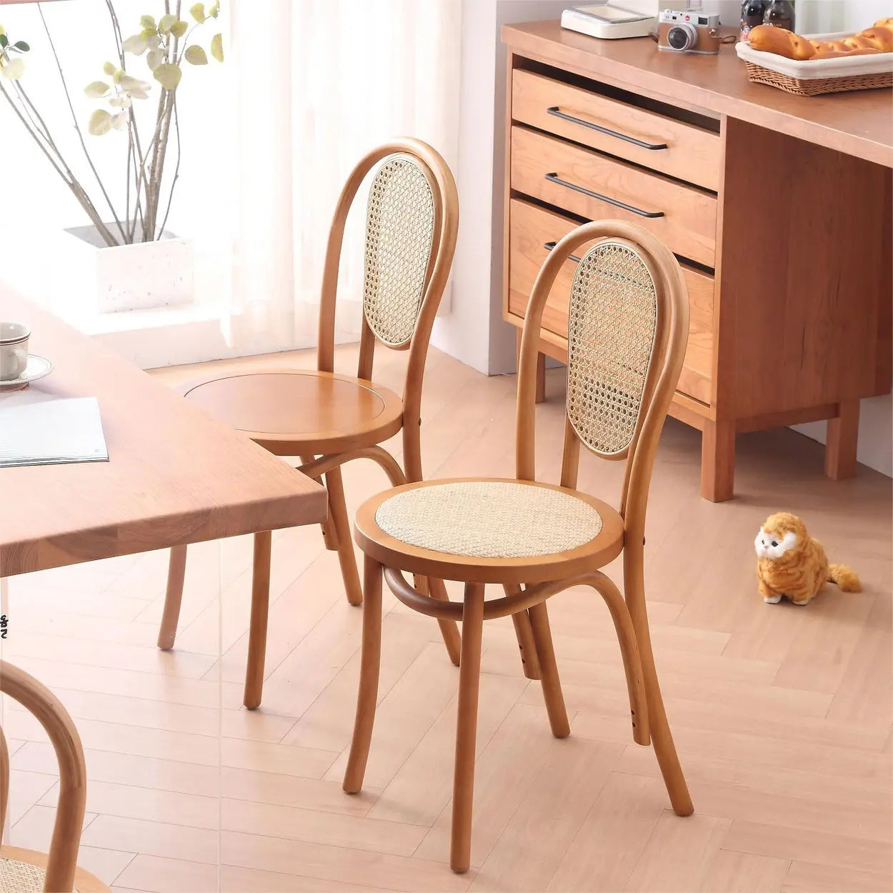 Natural Windsor-Back Wood Woven Dining Chair — Black / Wicker / Rattan
