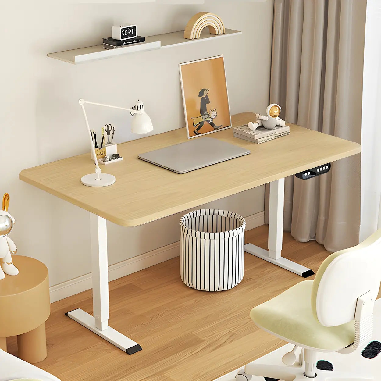 Natural Wood Adjustable T-Shape Standing Desk