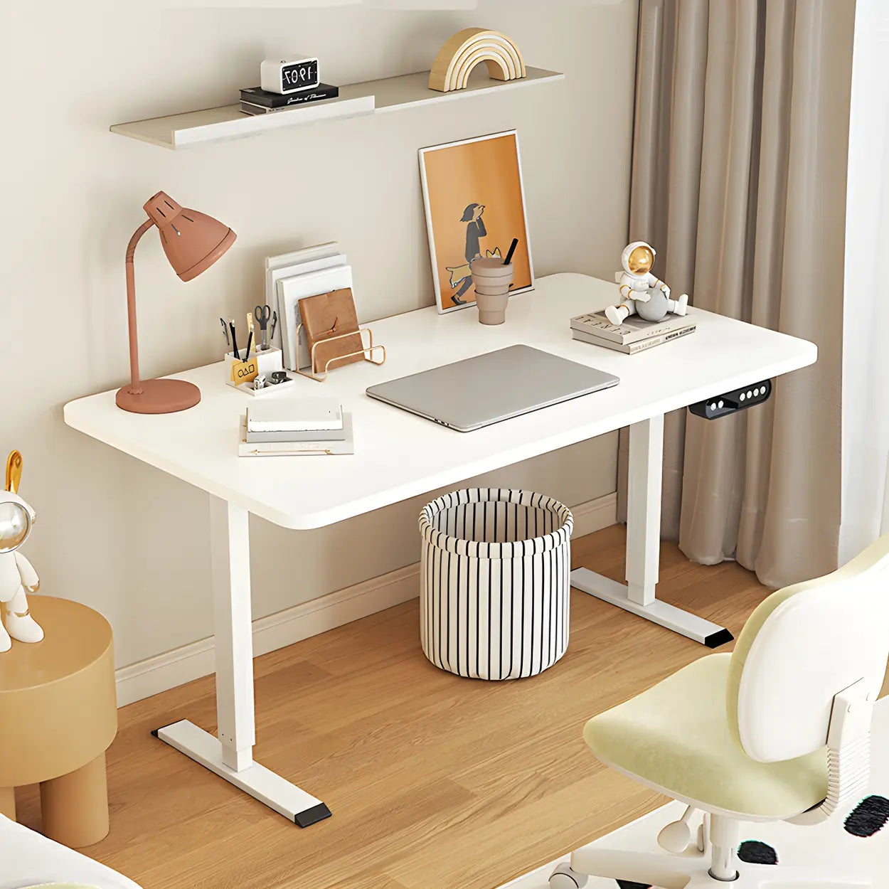 Natural Wood Adjustable T-Shape Standing Desk — Natural Finish / Table Only