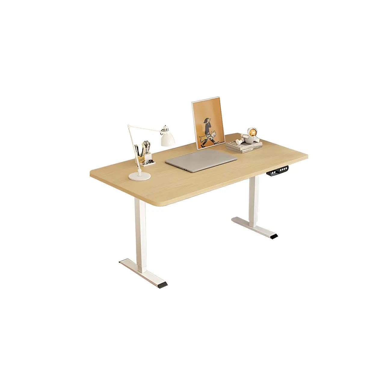 Natural Wood Adjustable T-Shape Standing Desk — White / Table Only