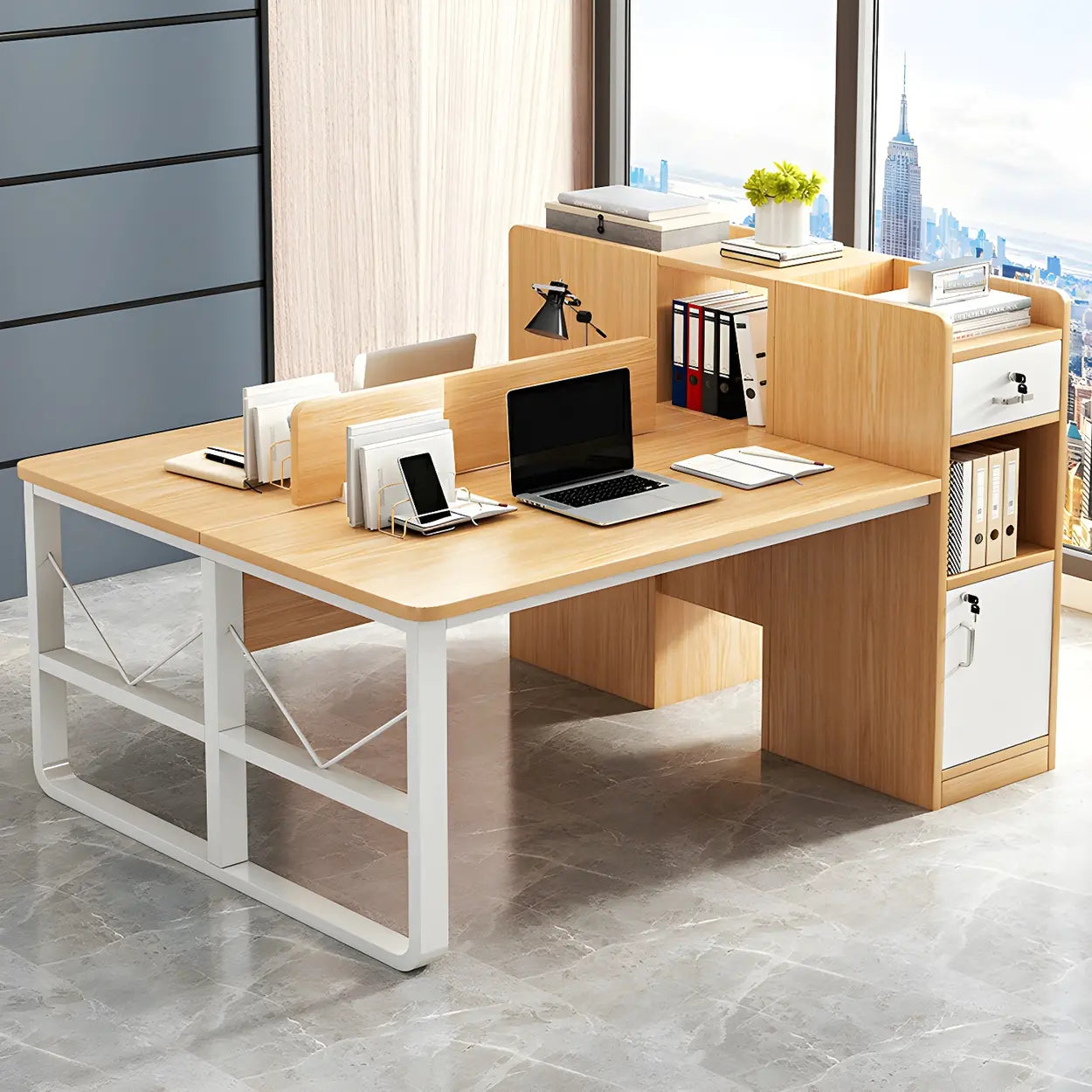Natural Wood Computer Desk with Cabinet Drawers and Shelf