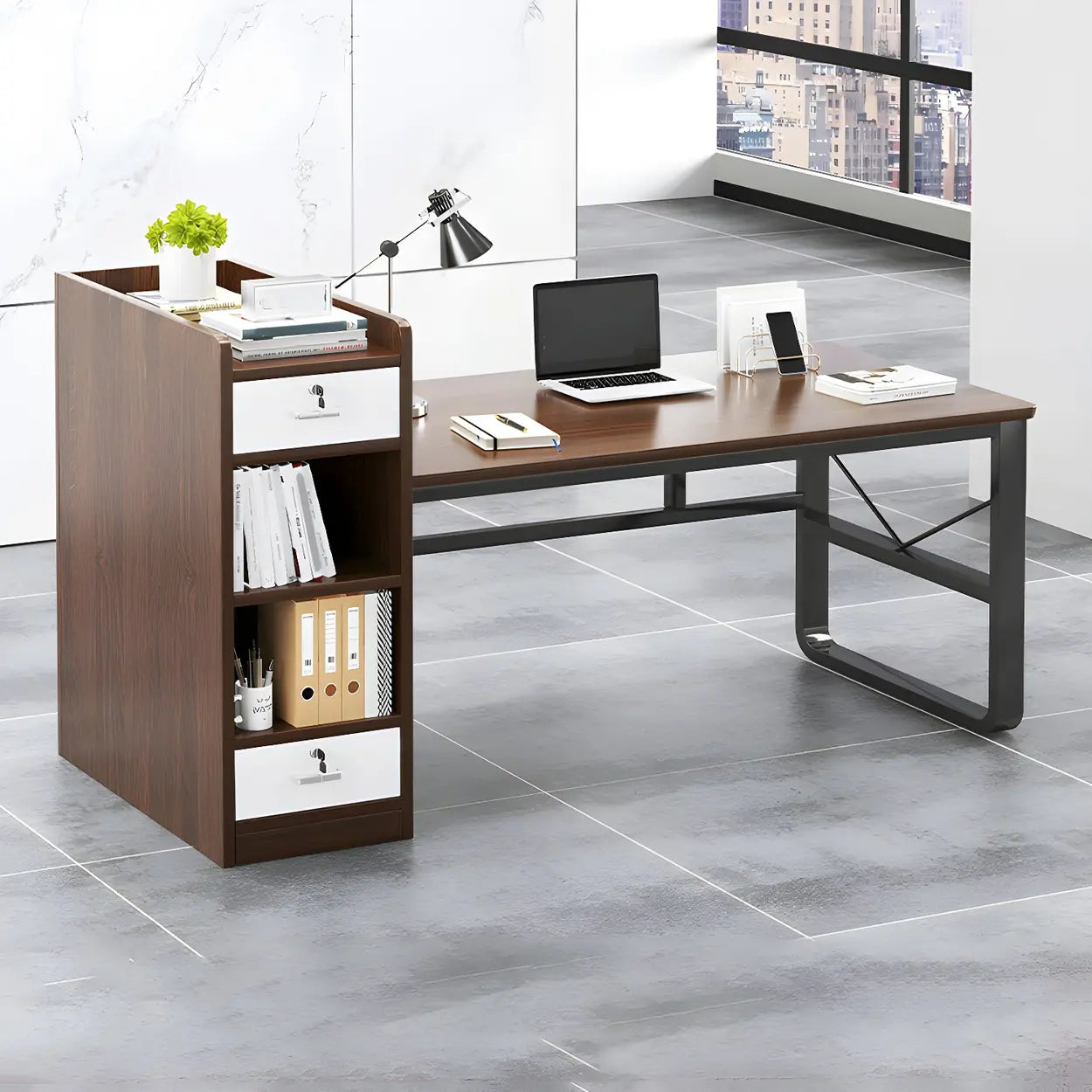 Natural Wood Computer Desk with Cabinet Drawers and Shelf — Without Chairs / Brown