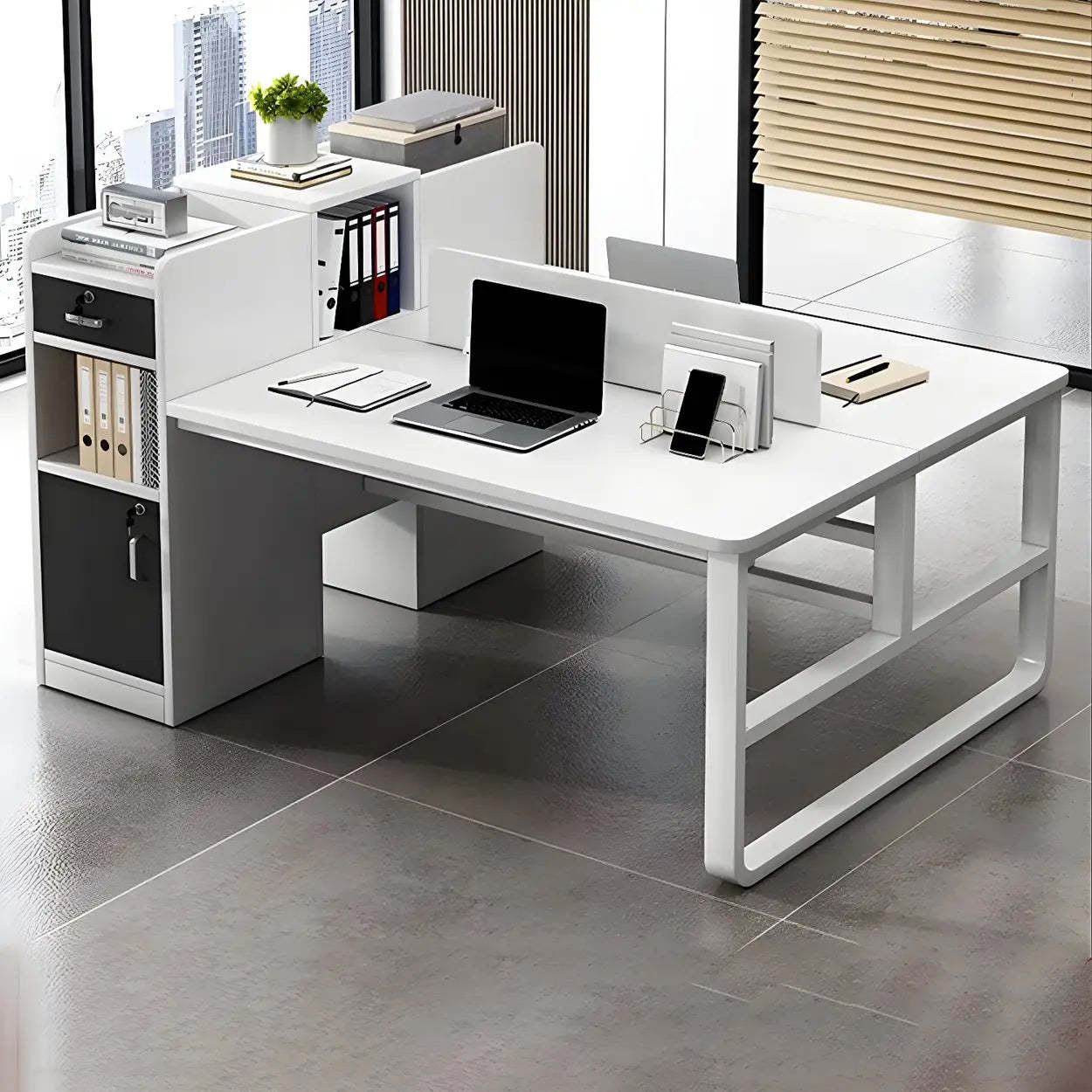 Natural Wood Computer Desk with Cabinet Drawers and Shelf — Without Chairs / Brown