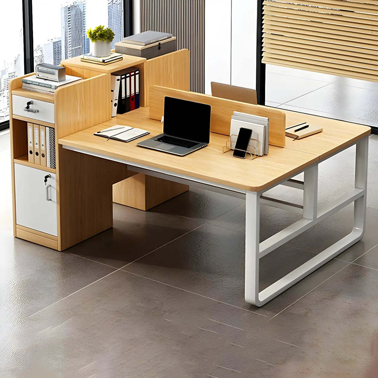 Natural Wood Computer Desk with Cabinet Drawers and Shelf — Without Chairs / White