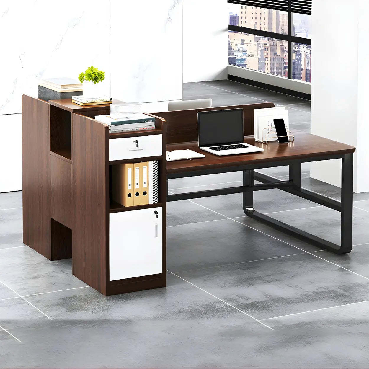 Natural Wood Computer Desk with Cabinet Drawers and Shelf