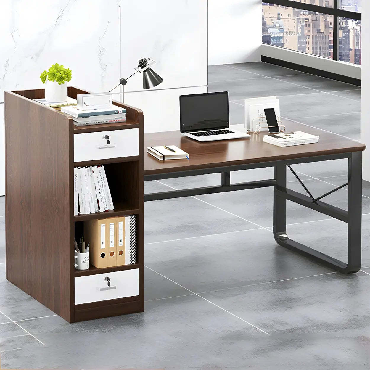 Natural Wood Computer Desk with Cabinet Drawers and Shelf
