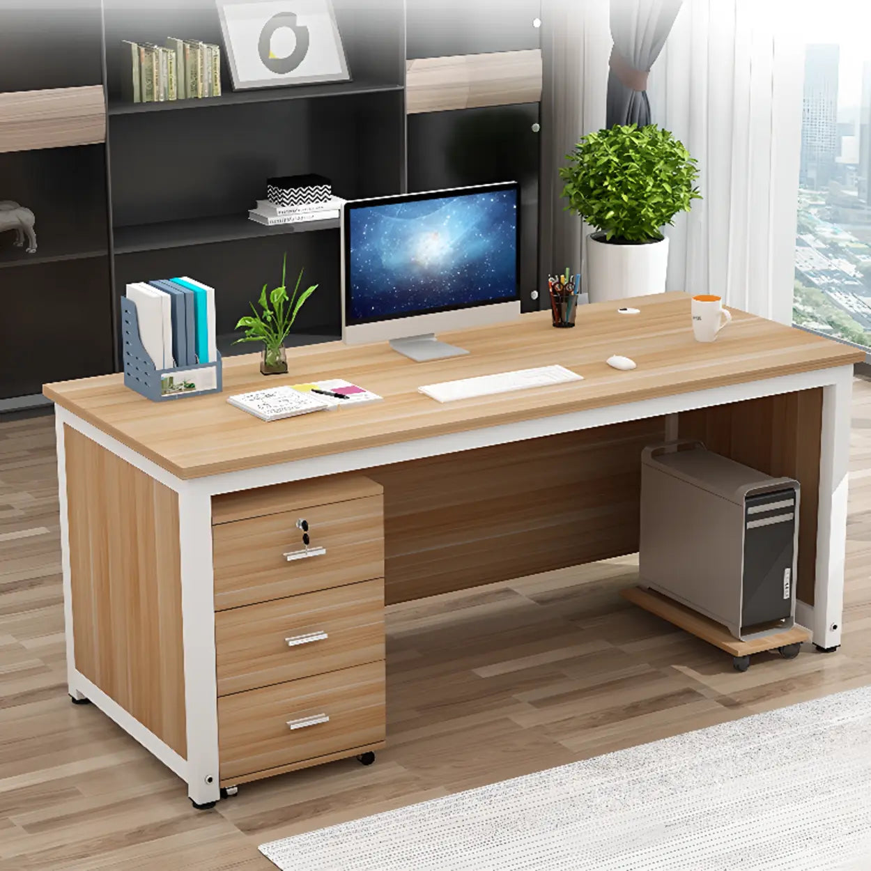 Natural Wood Drawer H-Shape Computer Desk